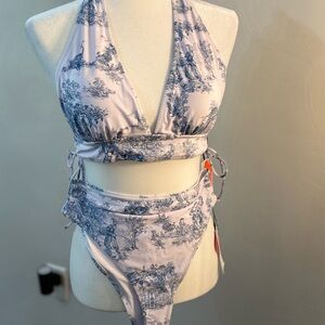 NWT High-Waist Halter Bikini Set in White with Blue Toile Print size Large